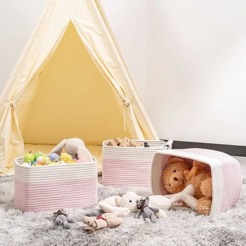 Kriitools Pink Girls Baby Nursery Rope Toys Baskets , Decorative Woven Storage Baskets for Gift, Cubes Storage Organizer Baskets Bins, Closet Shelf Storage Baskets for Organizing - Off White&Mixed Pink