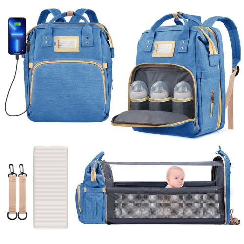 GPED Diaper Bag Backpack, Multifunctional Baby Changing Bag with Foldable Crib & Insulated Milk Bottle Pocket, Large Capacity Travel Backpack with USB Charging Port & Stroller Strap for Mom Dad(Blue)