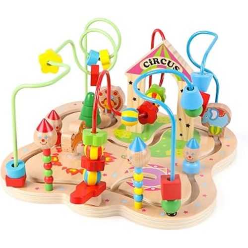 Joqutoys First Bead Maze Toy for Toddlers 1-3(Large), Wooden Colorful Circus Roller Coaster Circle Toys for Babies - Bead Maze Activity Cube Educational Toys First Birthday Gifts for Boys Girls