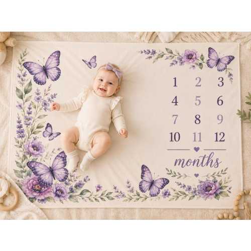 Purple Butterfly Baby Milestone Blanket, Lavender Floral Monthly Keepsake, Velveteen Plush Throw