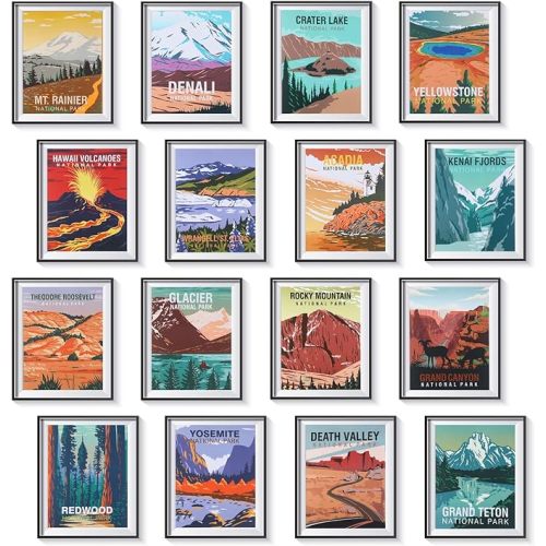 16 Pieces National Park Posters Vintage of 16 Travel Prints Wall Art Abstract Wall Art and Mountain Print Set Abstract Travel Unframed for Living Room Bedroom Bathroom Decor (Vintage Style)
