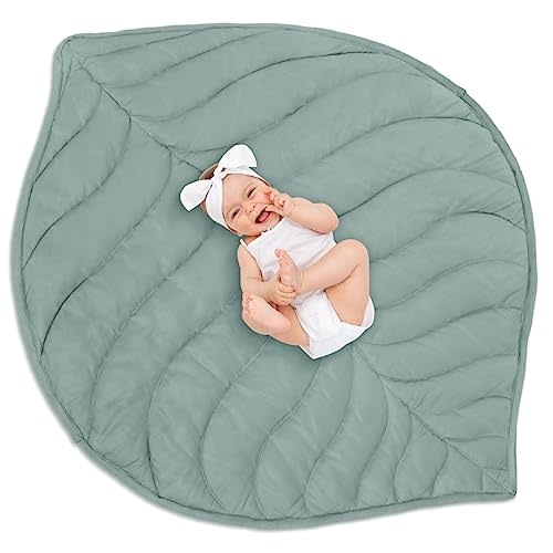 Funtery Baby Play Mat 56 x 42 Inch Cotton Crawling Cushion Cotton Nursery Rug Large Thick Soft Reversible Washable Folding Floor Playpen Mat Nursery Decor Rug for Girls Boys(Green,Leaf)