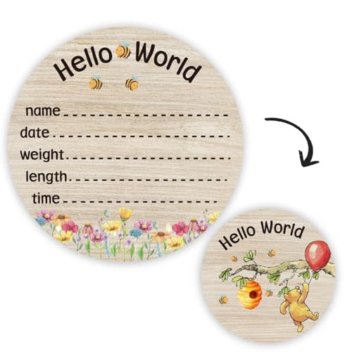 Baby Bear Newborn Birth Announcement Sign - Hello World Name Sign, 6inch Double Sided