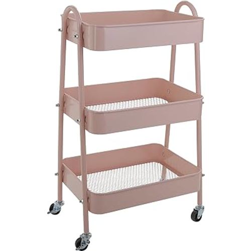 YOHKOH 3-Tier Metal Rolling Utility Cart,Storage Trolley Cart with Mesh Baskets and Lockable Wheels for Bathroom Kitchen Office (Pink)