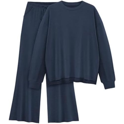Womens Lounge Set 2025 Fall 2 Piece Outfits Long Sleeve Tops Wide Leg Long Pants Cozy Matching Sets Clothing