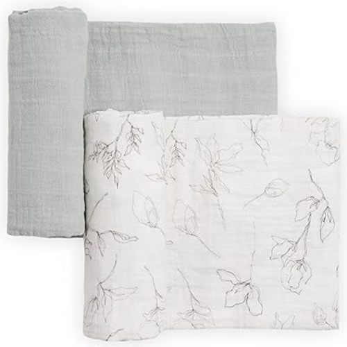 Little Unicorn 100% Organic Cotton Muslin Swaddle Blanket 2 Pack | Multi Use | Unisex (Pencil Floral)