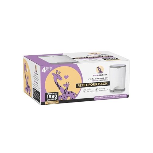 Refills Compatible with DEKOR CLASSIC Diaper Pail Refills | 4 Pack | Diaper Pail Odor Eliminator| Fresh Powder Scent | Each Diaper Bag Refill Holds up to 1980 Diapers | Diaper bin refill