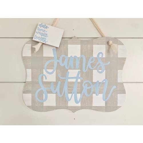 Hospital Door Hanger Boy, Birth Stats Sign, Baby Birth Announcement, Baby Shower Gift, Gingham Nursery Decor, Personalized Baby Name Sign