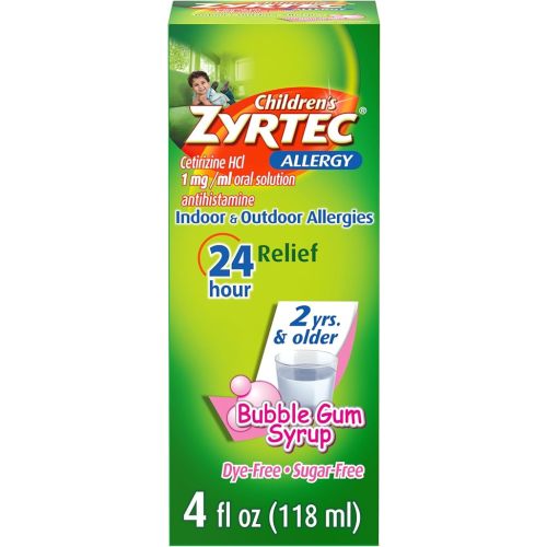 Zyrtec Children's 24 Hour Allergy Relief Syrup, 5 mg Cetirizine HCl Antihistamine, Kids Allergy Medicine for Indoor & Outdoor Allergy Relief, Dye-Free & Sugar-Free, Bubble Gum, 4 fl. oz