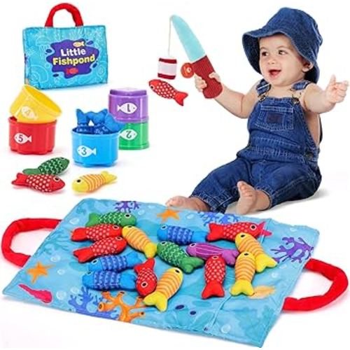 hahaland Montessori Toys for 1 Year Old Boy Girl Birthday Gift - 10 in 1 Cloth Fishing Game Valentines Day Gifts for Toddler Toys 1-3 with Stacking Cups - Number Counting, Color Sorting Learning