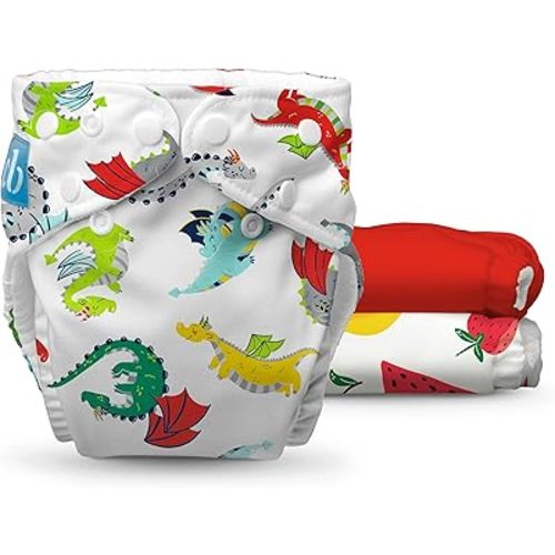 Charlie Banana Cloth Diapers, Reusable, Washable, Adjustable One Size Diaper, for Babies and Toddlers, with Absorbent Inserts - Dragon Feast, 3 Pack