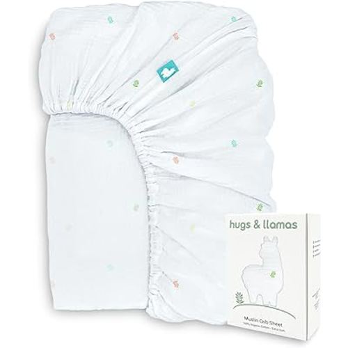 hugs & llamas | 100% Organic Cotton Muslin Fitted Crib Sheet | Premium Baby Crib Sheets for Boys & Girls Crib Fitted Sheet | Organic Crib Sheets Girl & Boy Crib Sheets Neutral | Crib Mattress Sheet