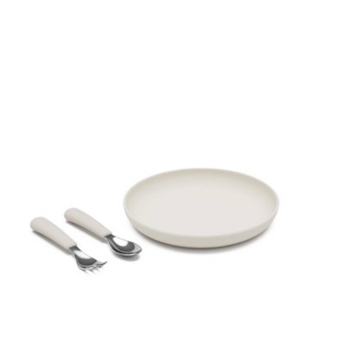 Lalo 3pc Silicone Toddler Plate + Utensils Mealtime Set - Oatmeal
