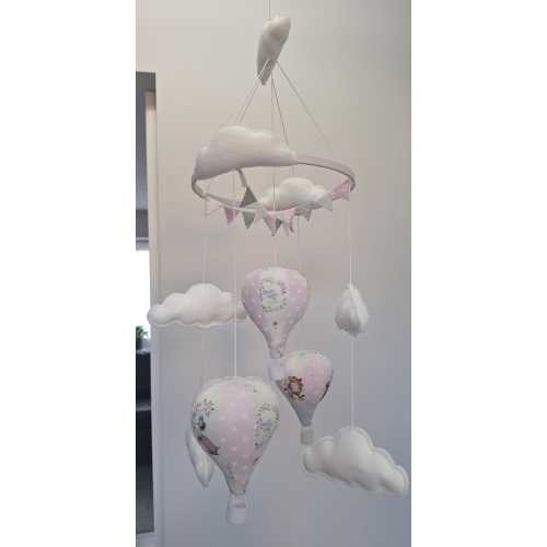 Hot air balloon nursery baby mobile with bunting Peter Rabbit pink design