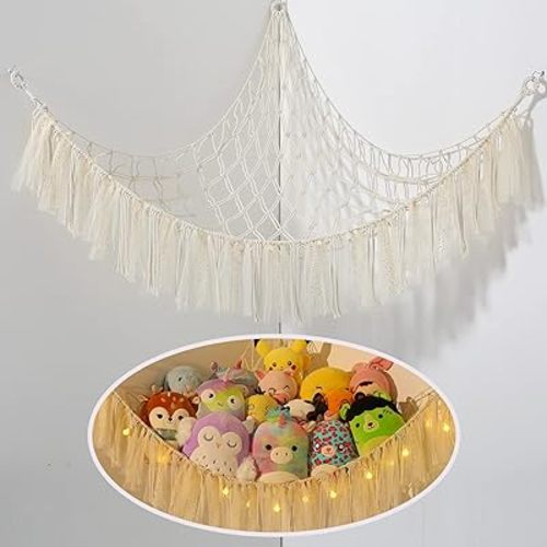 Stuffed Animal Storage Macrame Boho Plush Toy Net Hammock for Stuffed Animals with Light Pet Net for Stuffed Animals Corner Hanging Stuffed Animal Holder Teddy Bear Net for Kids Room (Shiny White)