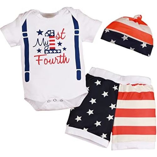 4th of July Baby Boy Outfit，My First Fourth of July Baby Boy Outfit First 4th of July Coming Home Outfit +Hat 3Pcs Set