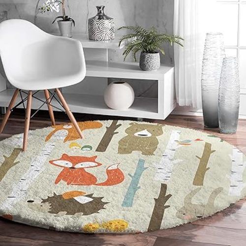 Shag Area Rug, 3ft Indoor Round Area Rugs- Cartoon Bunny Bear Fox Animal Forest Shaggy Carpet Nursery Rug for Kids Baby Bedroom Living Room Home Decor