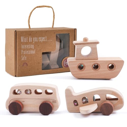 Wooden Cars for Toddlers 1-3, Wooden Vehicles Baby Cars Set with Bus, Airplane and Boat, Montessori Rattle Toys with Rolling Beads, Ideal for Boys and Girls