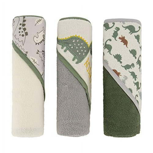 Cudlie Buttons & Stitches Baby Boy 3 Pack Rolled/Carded Hooded Towels in Dino Roar Print