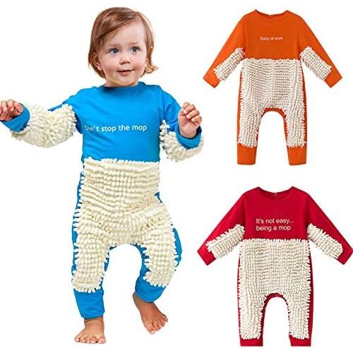 Cute Baby Mop Onesi𝚎, Funny Long Sleeve Romper, Perfect for a Crawling Baby Footies Cleaning Mop Romper