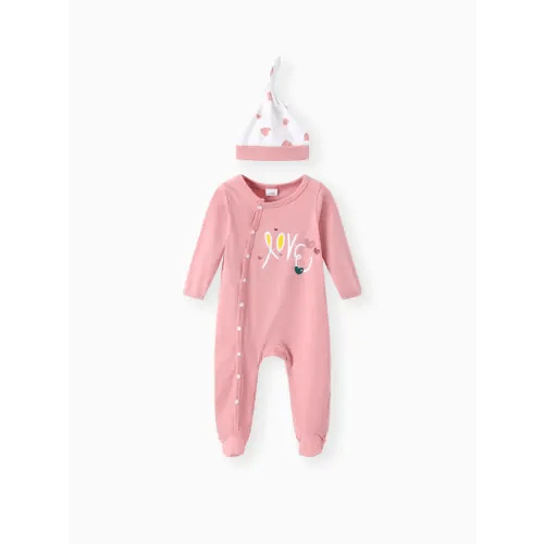 2pcs Baby 95% Cotton Love Heart Print Footed Jumpsuit with Hat Set Only $18.99 PatPat US Mobile