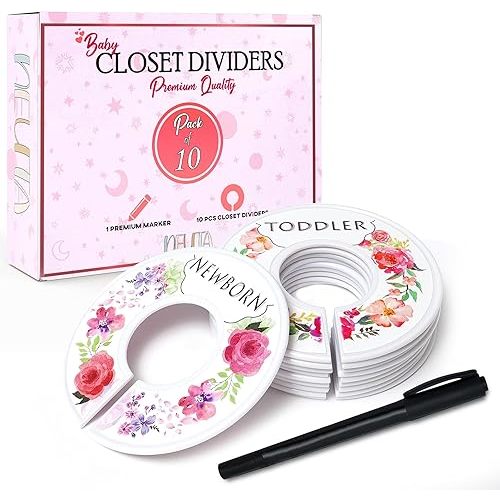 10x (Floral) Baby Closet Dividers with Marker - Double-Sided 0-24 Months - 2 Blank Baby Closet Size Dividers – ABS Plastic Baby Clothes Dividers for Closet - Baby Hanger Dividers…