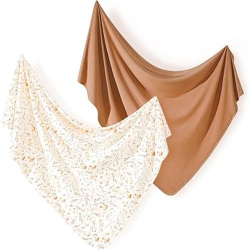 Newborn Swaddle Blanket, Ultra Soft Stretchy Jersey Knit Receiving Blankets 2 Pack, Comfortable and Lightweight, Easy to Swaddle Baby Snug and Cozy, Extra Large Size 33 x 44