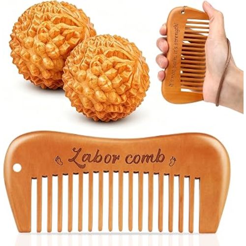 Birthing Comb & 2PCS Acupressure Massage Ball Set for Labor Pain, Wooden Labor Comb for Women Labor and Delivery Essentials, Pregnancy Hospital Bag Must Haves for Pregnant Women