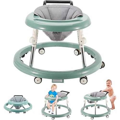 Baby Walker Foldable with 6 Adjustable Heights, Baby Walker with Wheels Portable, Infant Toddler Walker for Baby Boy Girls 6-18 Months (Green)