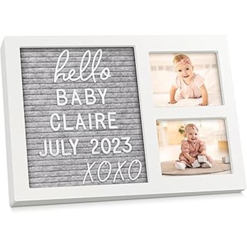 Felt Letter Board Baby Keepsake - Baby Picture Frame, Announcement Message Felt Board & Letterboard Letters, Gender Reveal Gifts, My First Year Picture Frame, Ultrasound Picture Frame (Alpine White)