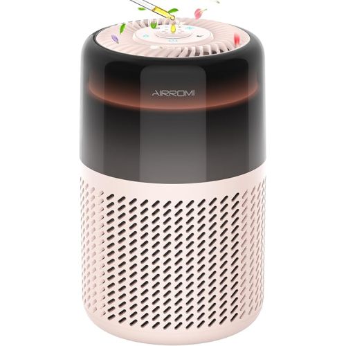 AIRROMI Air Purifier for Bedroom Home,HEPA Filter,Covers Upto 549 Ft²,Quiet 360°intake Air Cleaner with Fragrance ponge for Better Sleep,Night Light,Filters Smoke,Pet Dander,Allergies,Dust,A2005 Beige
