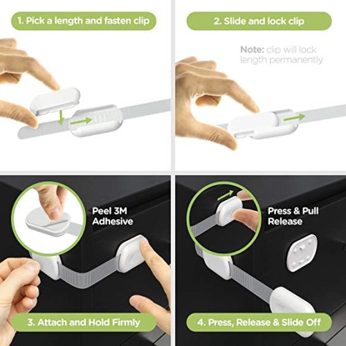 Baby Proofing Child Safety Locks (12 Pack) by Skyla Homes - The Safest, Quickest and Easiest 3M Adhesive Cabinet Latches, No Screws & Magnets, Multi-Purpose for Furniture, Kitchen, Ovens, Toilet Seats - 12 Count (Pack of 1)