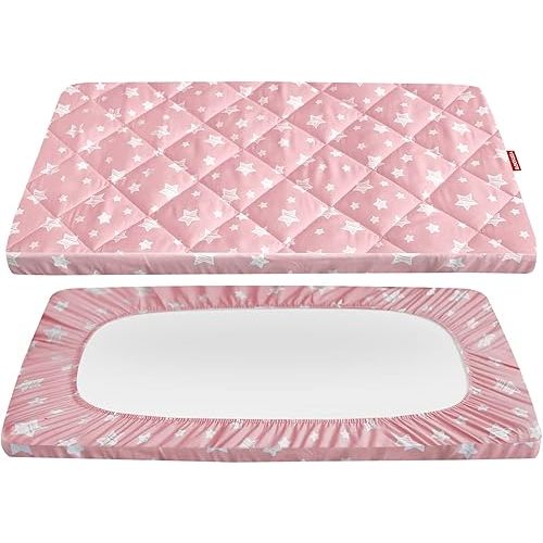 Pack and Play Sheet Quilted, Breathable Thick Playpen Lovely Print Cover 39"×27"×5" Compatible with Graco Portable Mini Cribs, Suitable for Yards and Foldable Mattress Pack and Play Pad, Pink Star