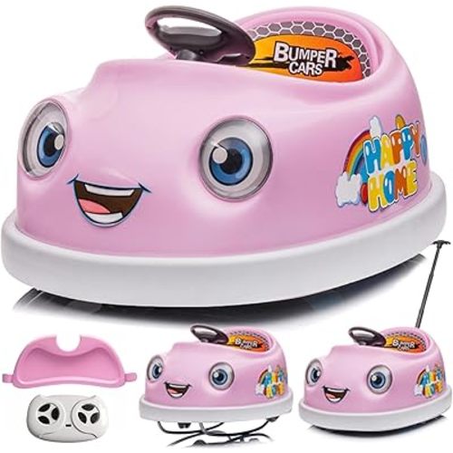 12V Dual Battery Electric Ride on Kids Bumper Car w/Remote Control,360 Degree Spin,Push Rod Rocker Horse Function,3-Speeds Babies & Toddlers Bumping Car Ride on Toy Gift for 1-4 Years Children (Pink)