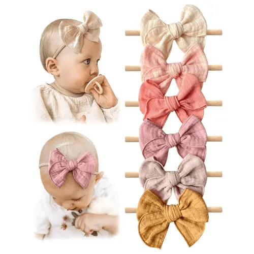 Cherssy Baby Girl Muslin Headbands, 3.5" Cotton Hair Bows Nylon Hairbands for Newborns, Infants, Toddlers - 6pcs