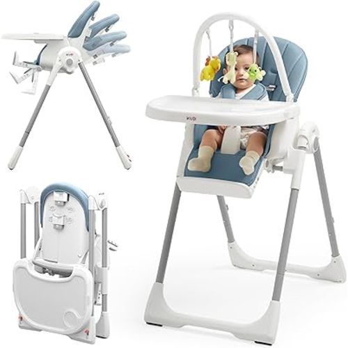 KÜB 3-in-1 Foldable Baby High Chair, 7 Height & 4 Recline Adjustable, Removable Seat & Tray for Easy Clean, 2 Locking Wheels, Multifunctional Infant Highchair for Babies & Toddlers (Blue, with Toys)