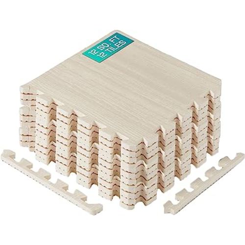 Yes4All 12SQ.FT Wood Grain Puzzle Exercise Mat Protective Flooring, EVA Interlocking Foam Floor Tiles with Border for Home
