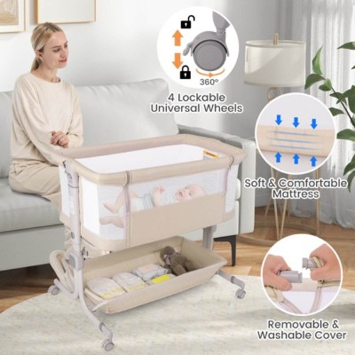 Infans Baby Bassinet Bedside Sleeper, Portable Crib with Wheels, 6 Adjustable Heights, Storage, Bed Side Bassinet for Infant Newborn, Beige