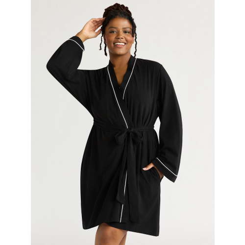 Joyspun Women's Cotton Blend Knit Wrap Robe, Sizes S to 3X