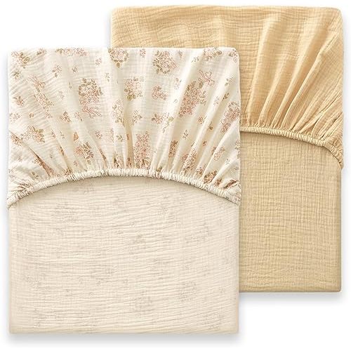 Heavyweight Muslin Baby Crib Sheets - 2PCS 52"x28" Neutral Fitted Crib Sheets for Boys Girls, Breathable Soft 100% Organic Cotton Standard Baby Mattress Sheet (Nature, Coffee)