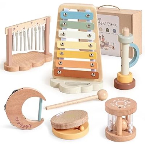 Promise Babe Wooden Xylophone Musical Instrument Sets Toy for Kids, Rattle Bell Montessori Cloud Toddler Music Percussion Toys, Christmas Birthday Gifts for Boys Girls 3 Year+