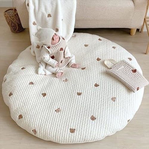 Poowe Cute Bear Nursery Rug Baby Play Mat Round Baby Mat Tummy Time Mat Carpet Cartoon Rabbit Home Decor,Grey Tummy Time Blanket