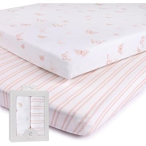 Pack n Play Sheet, Playard, Portable Crib Fitted Sheets 2 Pack - 100% Jersey Cotton for Baby Girl Pink Butterflies + Stripes