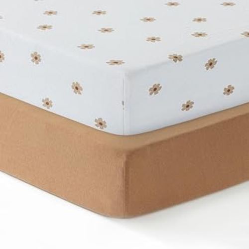 Baby Crib Fitted Sheet, 100% Cotton Knitted Jersey, Fit Standard Crib Mattresses, Fitted Crib Sheets, Super Soft, Toddler Fitted Sheet, Unisex,2 Pack,Brown/Flowers, 28x52x9'
