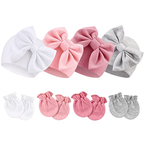 Newborn Baby Hats and Mittens Set Infant Bow Beanie Cap Toddler Gloves Newborn Hospital Hats for Baby Boy Girl 0-6 Months