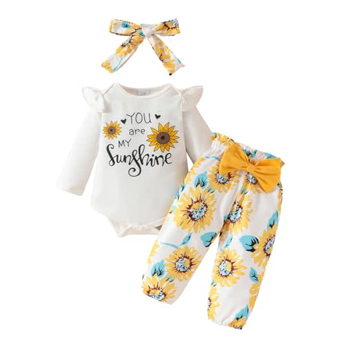 Adokioths Newborn Baby Girl Clothes Sunflower Outfit Ruffle Romper Tops Floral Pants Outfit Fall Winter Clothing