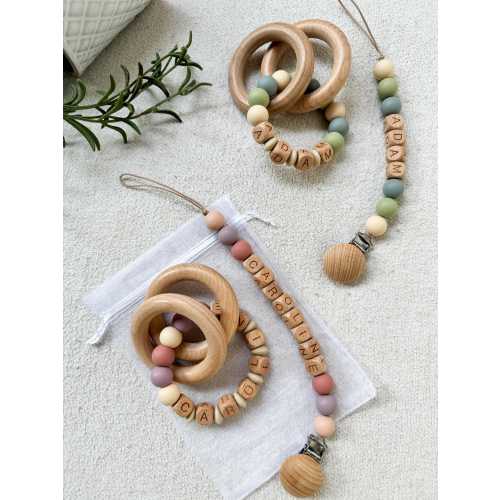 Customized Pacifier Clip and Rattle set|Custom Baby shower Gift|Pastel Babygirl Binky Holder|Wooden Babyboy Dummy Chain|Newborn Gift