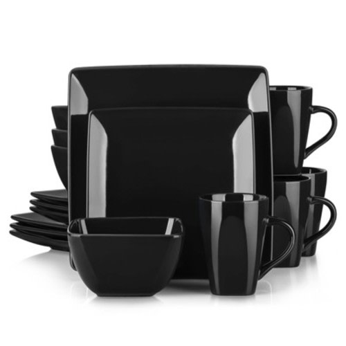 vancasso 16 Pieces Porcelain Dinnerware Set For 4 Person, Square Plate, Black Set