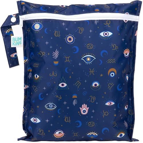 Bumkins Waterproof Wet Bag for Baby, Travel, Swim Suit, Cloth Diapers, Pump Parts, Pool, Beach, Gym Clothes, Toiletry, Hook to Stroller, Daycare, Zipper Reusable Wetdry Packing Pouch, Evil Eye