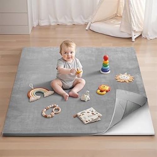 Blissful Diary Ultra Soft Baby Play Mat, 50x50 Floor Mat with Removable & Washable Slip-On Cover for Babies and Toddlers Infants, Light Grey